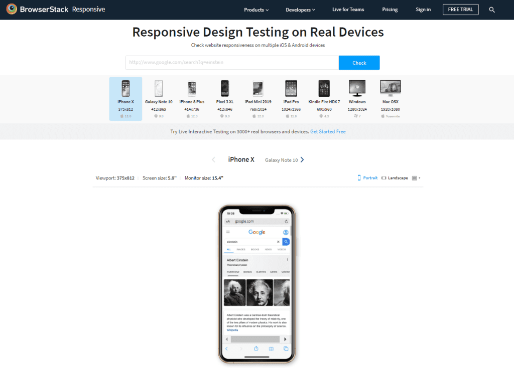 BrowserStack responsive design testing on real devices